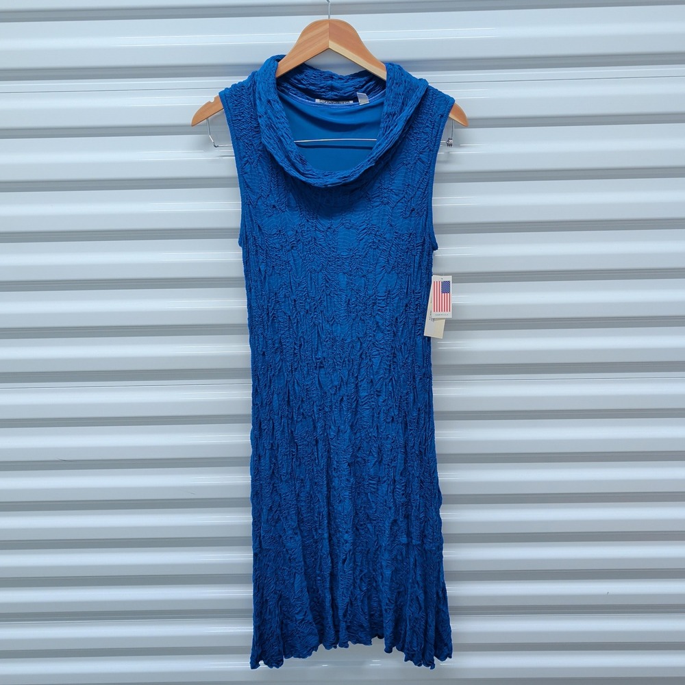 Sno Skins Womens Crinkle Dress L Viscose Lapis Blue Vintage Cowl Neck Sleeveless